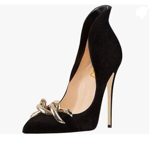 FSJ Black Chain Sexy Prom Pointy Toe High Heel Pumps Closed Toe Slip On Shoes